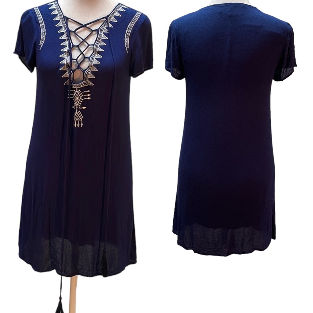 Lulu's Navy Blue with White Embroidered Design Tassel Tie Front Dress Size XS